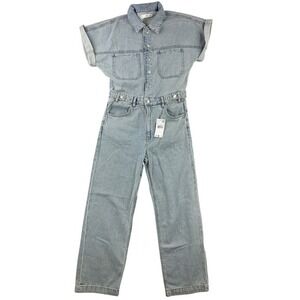 Mango MNG Denim Jumpsuit Womens Size‎ M Light Wash Short Sleeve Snap Front NWT